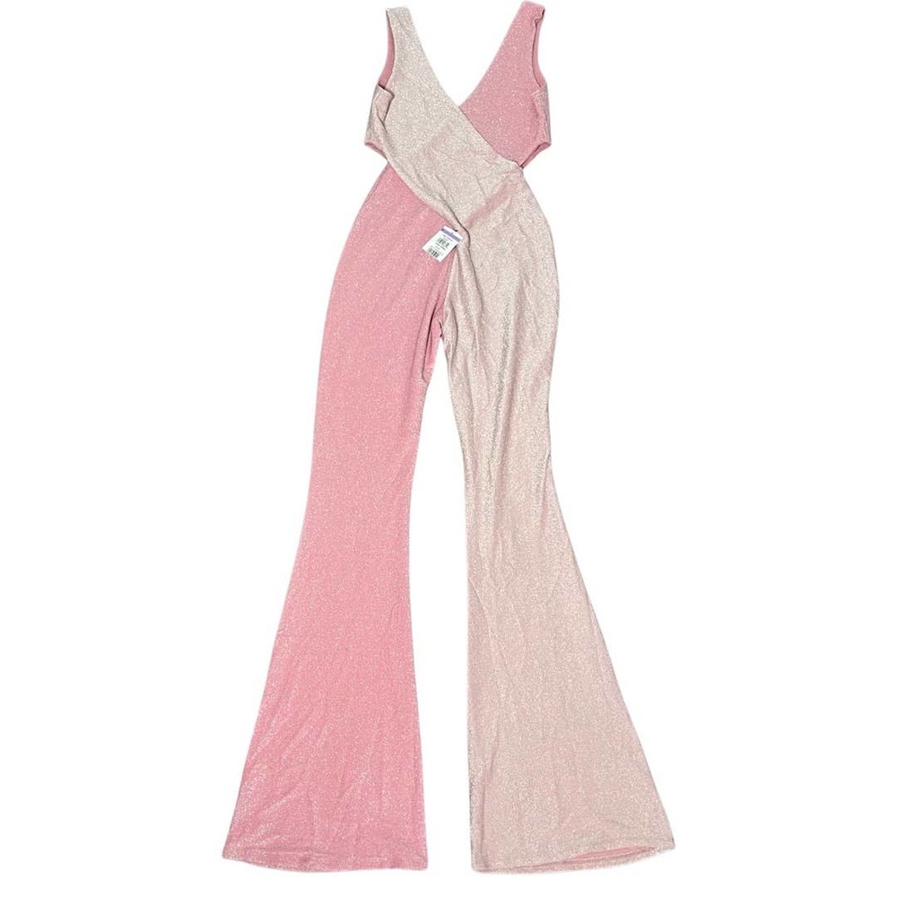 Naked Wardrobe Pink and Cream Jumpsuit Sparkle Colorblock - Picture 4 of 9